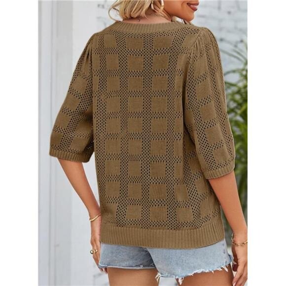 Women's Casual 3/4 Sleeve Loose Tunic Tops ,Crochet Knit Summer Sweaters Blouses - Picture 5 of 7